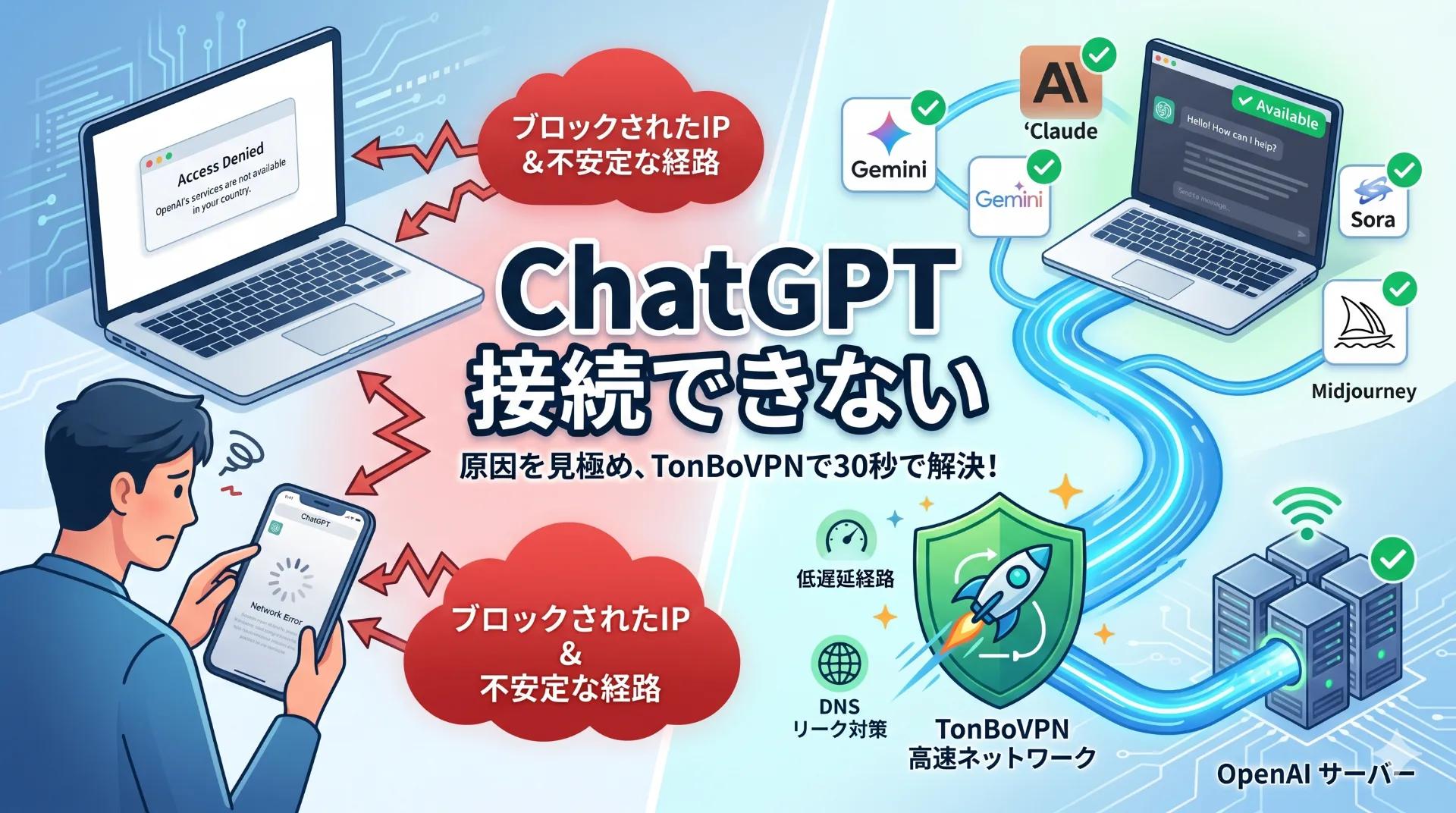 ChatGPT が接続できない・遅いを30秒で切り分ける | TonBoVPN - TonBoVPN